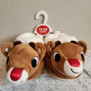Adorable Rudolph The Red Nose Reindeer Slippers In 12-24 Months - New!